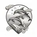 A blackwork tattoo of a heart-shaped sunset over the ocean, with dolphins leaping in the foreground tattoo design idea