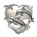 A blackwork tattoo of a heart-shaped sunset over the ocean, with dolphins leaping in the foreground tattoo design idea