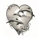 A blackwork tattoo of a heart-shaped sunset over the ocean, with dolphins leaping in the foreground tattoo design idea