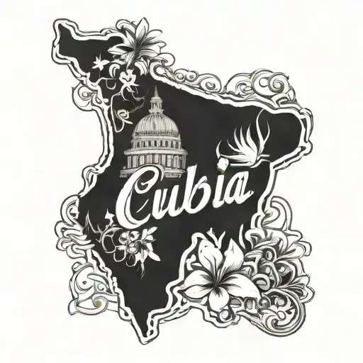 outline of Cuba with the lettering "Cuba isla bella" tattoo design idea