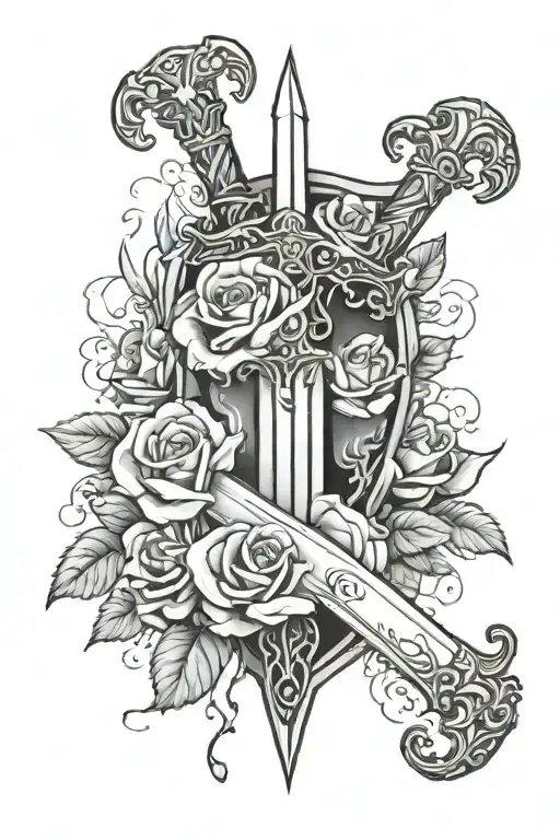 sword behind a broken shield with roses wrapped tightly tattoo design idea