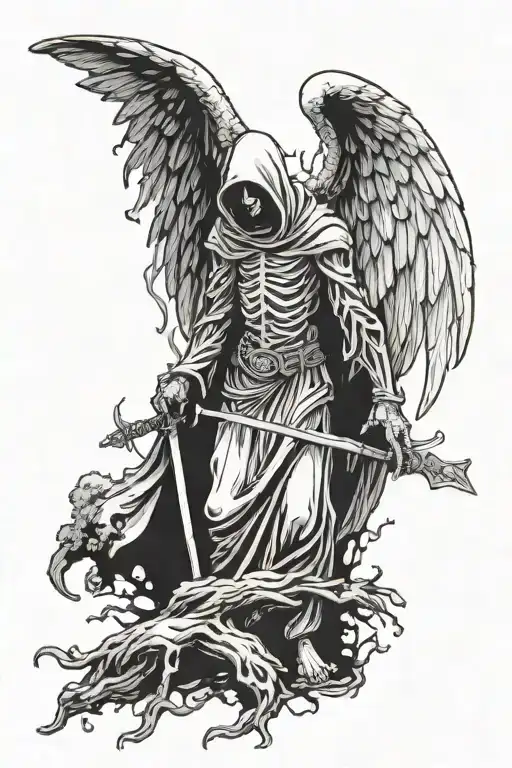 an angel with a grim reaper outfit in front of a tree tattoo design idea