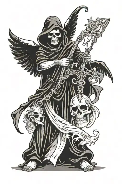 an angel with a grim reaper outfit in front of a tree  tattoo design idea