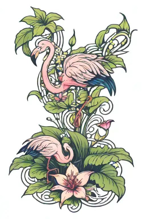 flamingo and frog with Lilly pad surrounded tattoo design idea