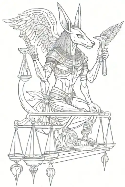 A tattoo design of Anubis weighing hearts on scales against the feather of Ma'at, representing inner passion and comfort with the dark side of life tattoo design idea