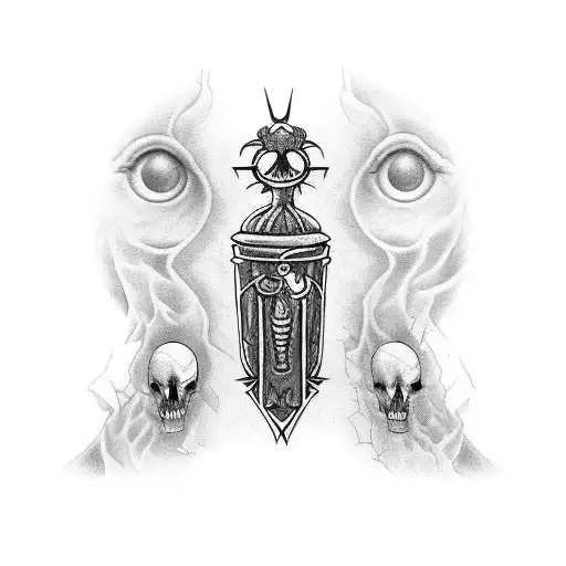 Create a tattoo design based around vampires. Include a glass potion container, an ankh, garlic, vervain, a mirror, bats tattoo design idea