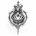 Create a tattoo design based around vampires. Include a glass potion container, an ankh, garlic, vervain, a mirror, bats tattoo design idea