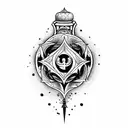 Create a tattoo design based around vampires. Include a glass potion container, an ankh, garlic, vervain, a mirror, bats tattoo design idea