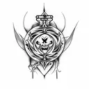 Create a tattoo design based around vampires. Include a glass potion container, an ankh, garlic, vervain, a mirror, bats tattoo design idea