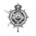 Create a tattoo design based around vampires. Include a glass potion container, an ankh, garlic, vervain, a mirror, bats tattoo design idea