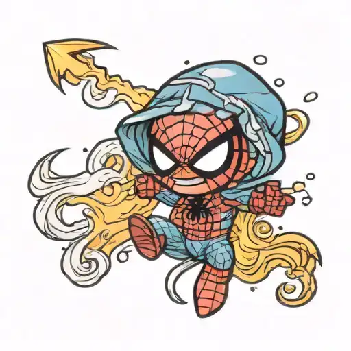 chibi baby spiderman holding a lightning bolt with ocean waves in the back while raining  tattoo design idea