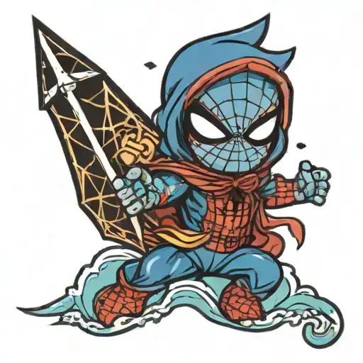 chibi baby spiderman holding a lightning bolt while there is ocean waves in the backround  tattoo design idea