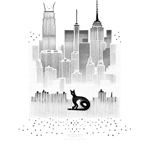 A dotwork design of a New York skyline with a cat silhouette sitting on top of a building tattoo design idea