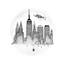 A dotwork design of a New York skyline with a cat silhouette sitting on top of a building tattoo design idea