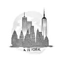 A dotwork design of a New York skyline with a cat silhouette sitting on top of a building tattoo design idea