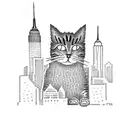 A dotwork design of a New York skyline with a cat silhouette sitting on top of a building tattoo design idea