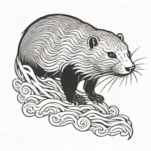 nutria con olas japonesas en blanco y negros  tattoo design idea