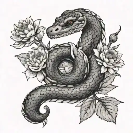 snake with Marigolds, chrysanthemums, morning glories, water lilies tattoo design idea