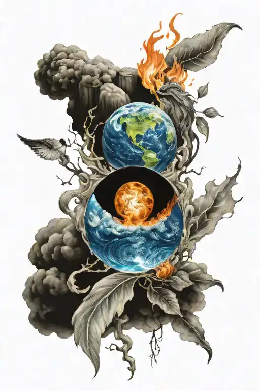 A unique design combining the four elements (earth, water, fire, air) into a cohesive and balanced composition tattoo design idea