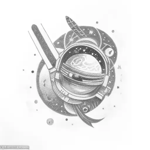 astronaut floating in space with stars and planets in the background, with blue, black, purple and orange tones. tattoo design idea