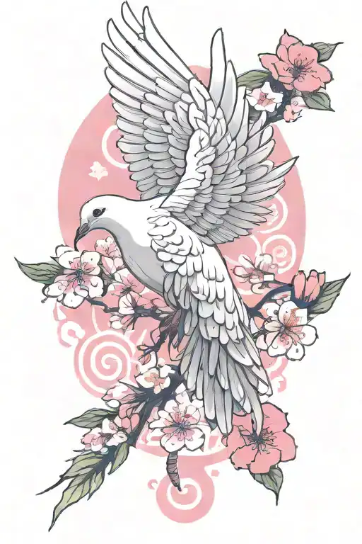 a dove wearing flip-flops as a talisman with pink sakura flowers  tattoo design idea