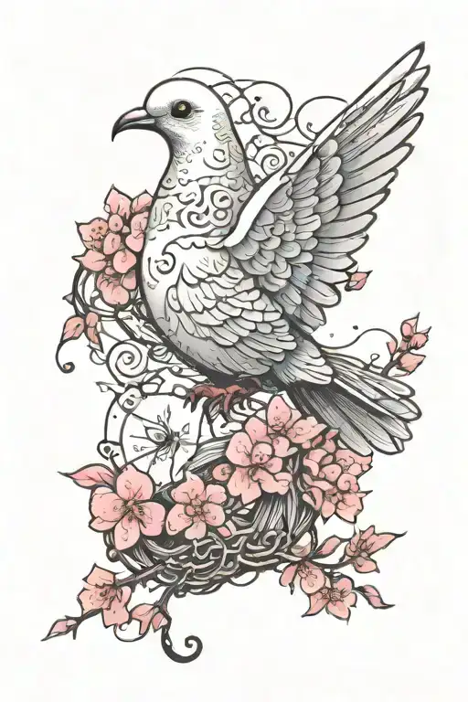 a dove with flip-flops as a talisman with pink sakura flowers  tattoo design idea