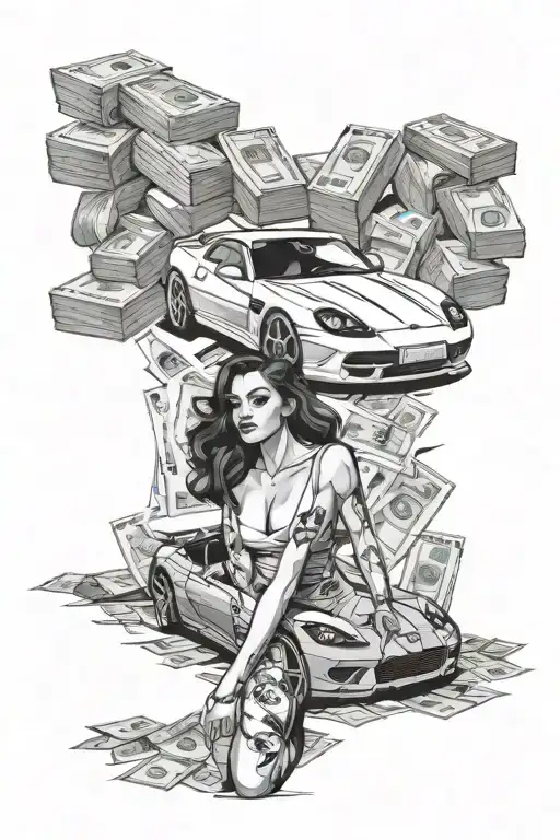A sleek modern sports car intertwined with a beautiful woman, surrounded by stacks of Euro bills tattoo design idea