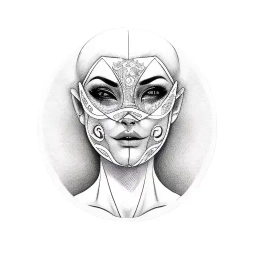 mask, 2 halves, happy and sad, woman face tattoo design idea