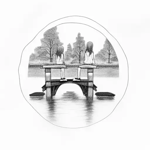 two girls sitting on bridge at a lake tattoo design idea
