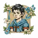 boy with black hair and dark blue eyes in peasant clothes tattoo design idea