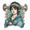 boy with black hair and dark blue eyes in peasant clothes tattoo design idea