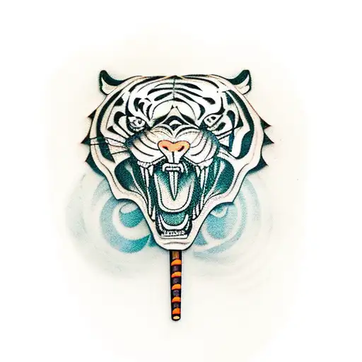 tiger skull with chopsticks pierced through it tattoo design idea