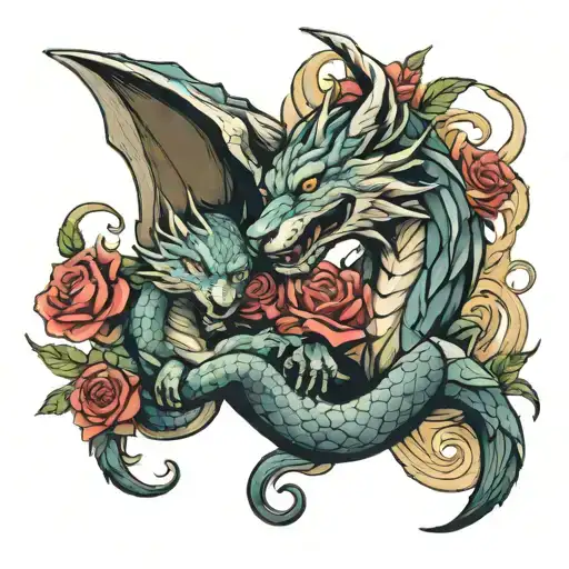 dragon and wolf protecting cubs intertwined with roses tattoo design idea