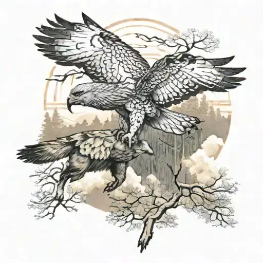 hawks flying above a wolf in the forest tattoo design idea