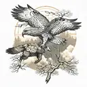 hawks flying above a wolf in the forest tattoo design idea