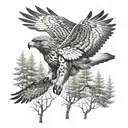 hawks flying above a wolf in the forest tattoo design idea