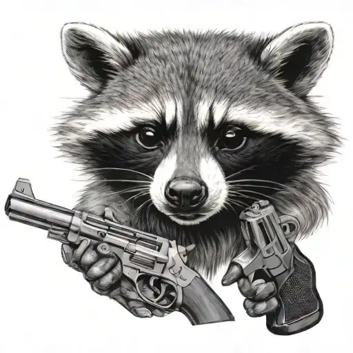 aggressive raccoon in the style of movie characters shoots from a gun tattoo design idea
