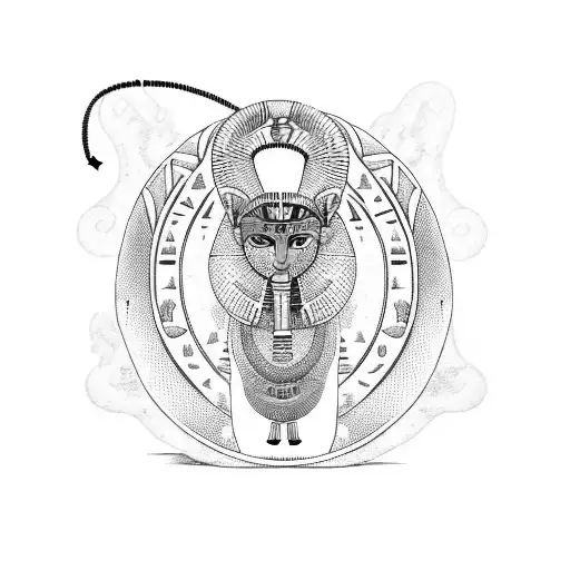 an Egyptian with a bastet head standing and holding an ankh with Egyptian hieroglyphs in the background  tattoo design idea