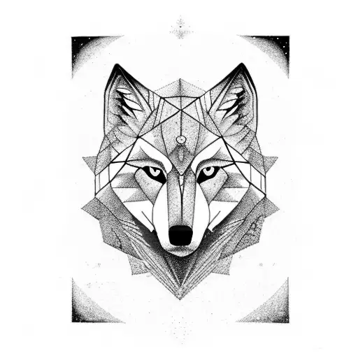 Wolf head surrealism from the forest around the forest are geometrical moon phases tattoo design idea