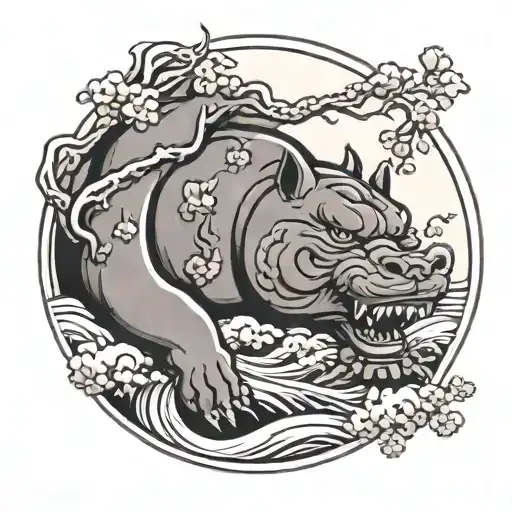 Merican bully Japanese temple Sakura tree wave moon  tattoo design idea