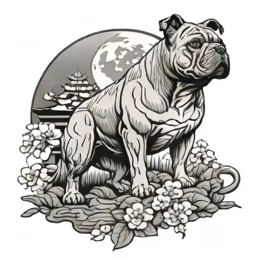 American bully standing in stone with a background of Sakura tree Japanese temple and moon tattoo design idea