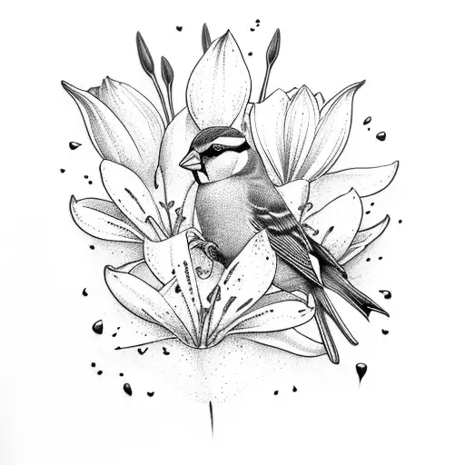 lillies of the valley with a finch tattoo design idea