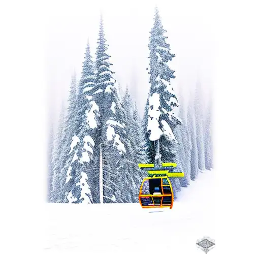 Snowy mountian scene with a ski lift going up the mountian, snowy trees, and a snowboard stuck in the snow. tattoo design idea