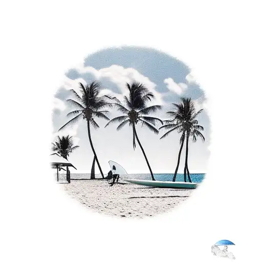 Sunny beach scene with a pier off the distance, surfboard in the sand, and palm trees overhead. tattoo design idea