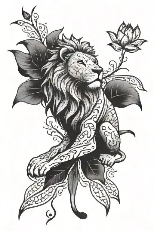 lion, lotus flower blooming, mandala design incorporating elements tattoo design idea