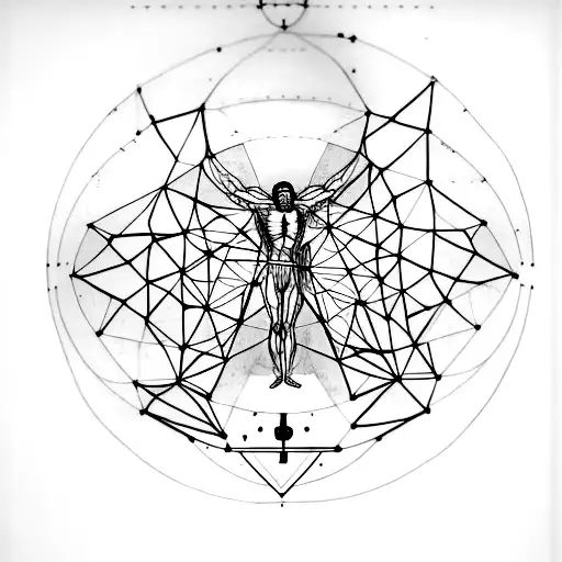 Vitruvian man with an artifitial intelligence in the style of minimalistic  tattoo design idea