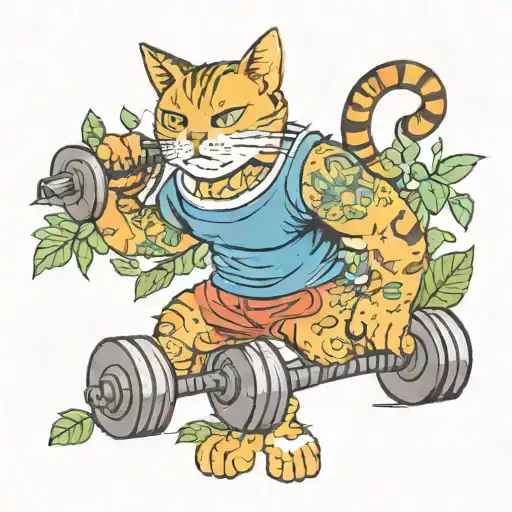 A new-school tattoo of a cat lifting weights in a garden of plants tattoo design idea