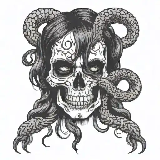 A sexy skull with dark hair pigtails intertwined with a snake, in a blackwork style tattoo design idea