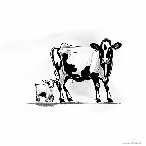 A farm scene with a silhouette of a cow and a guitar tattoo design idea