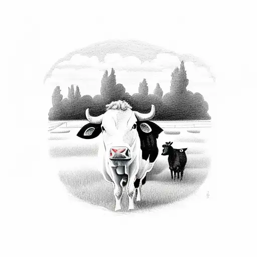 A farm scene with a silhouette of a cow and a guitar tattoo design idea